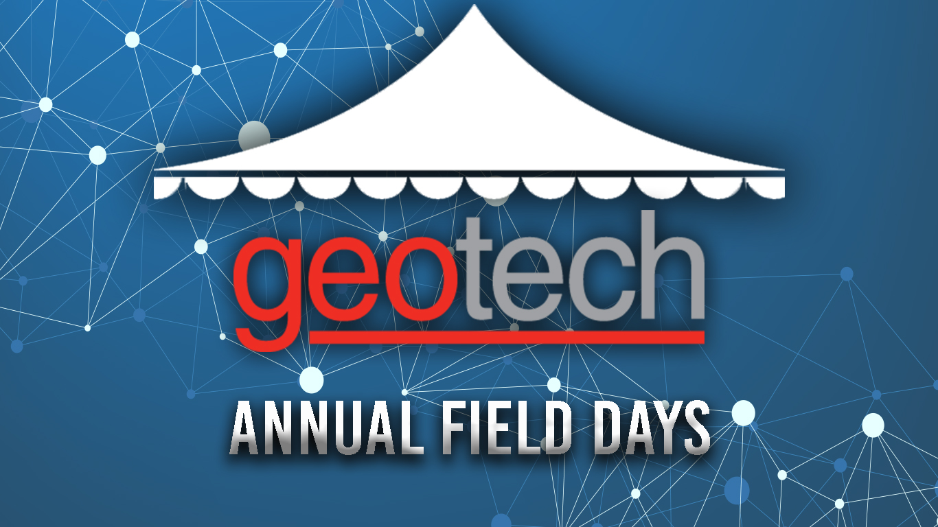 field days logo, a tent above the Geotech logo and the words Annual Field Days. In the background is a web with circles connecting to each other to symbolize networking